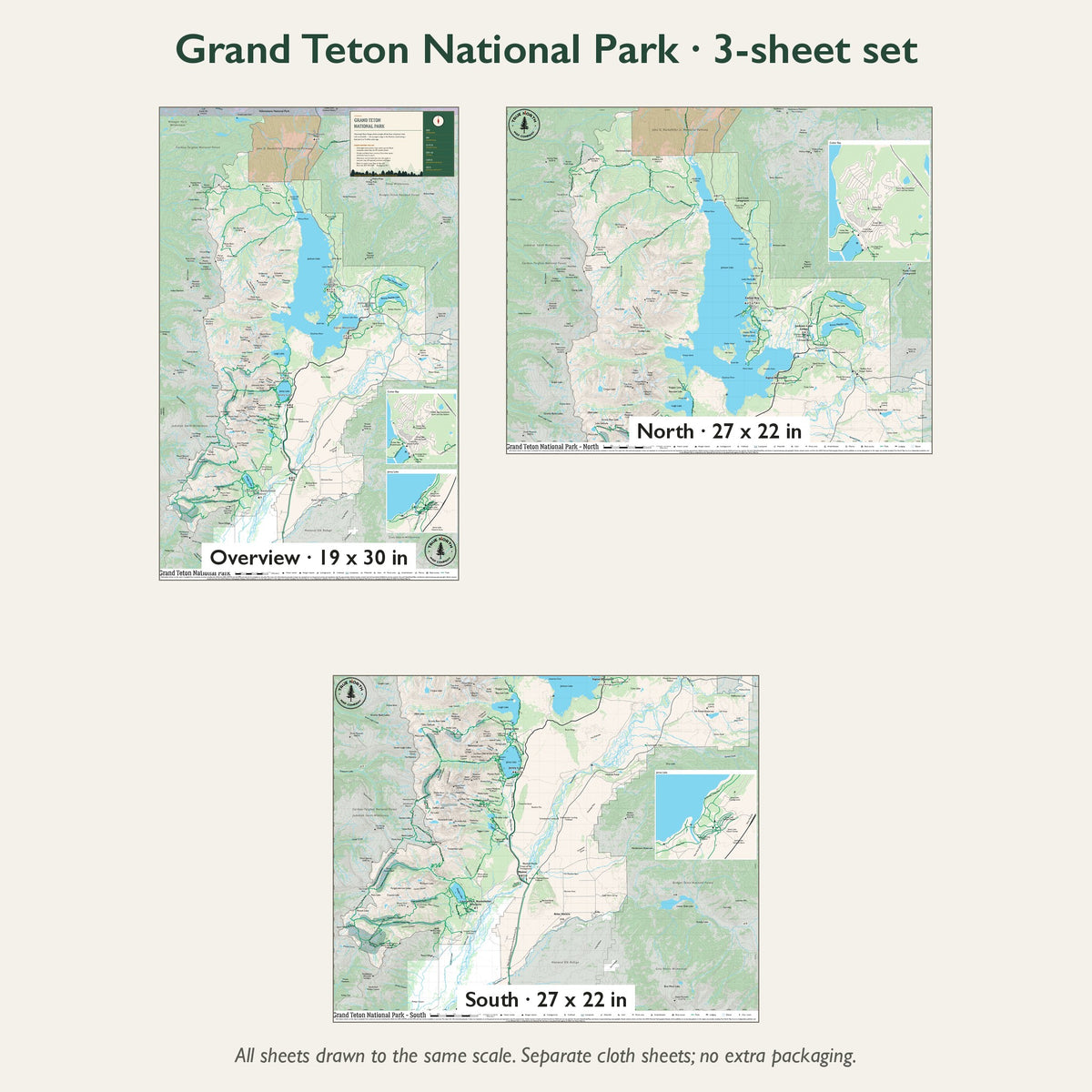 All 3 sheets of the Grand Teton National Park cloth map set, with sizes