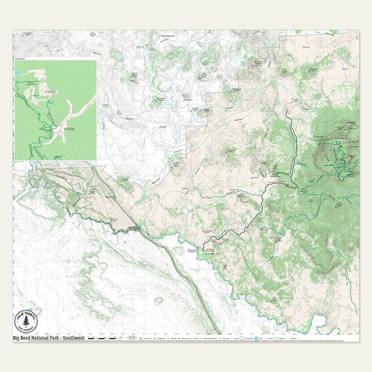 Big Bend National Park cloth map, Southwest sheet, 30 x 27 in