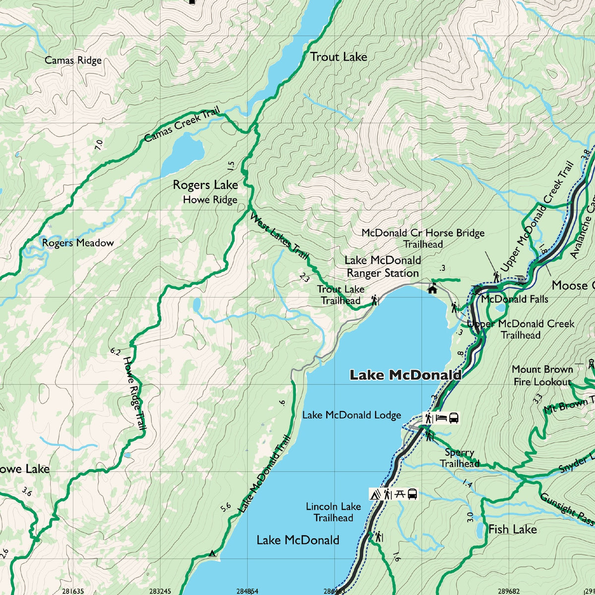 Detail of the Northeast sheet at actual print size (about 6.8 x 6.8 in of cloth), around Lake McDonald