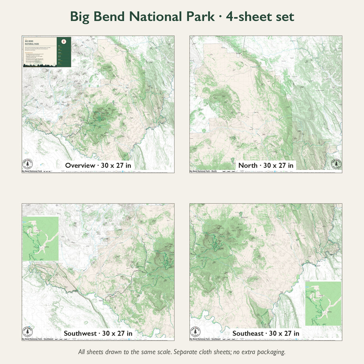 All 4 sheets of the Big Bend National Park cloth map set, with sizes