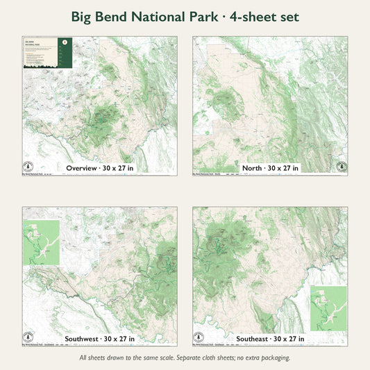 All 4 sheets of the Big Bend National Park cloth map set, with sizes