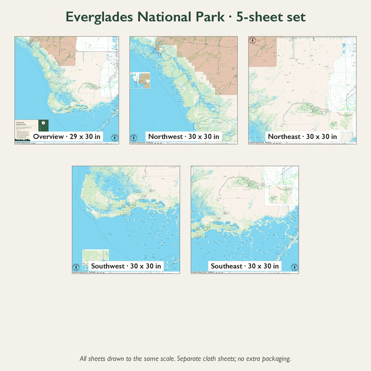 All 5 sheets of the Everglades National Park cloth map set, with sizes