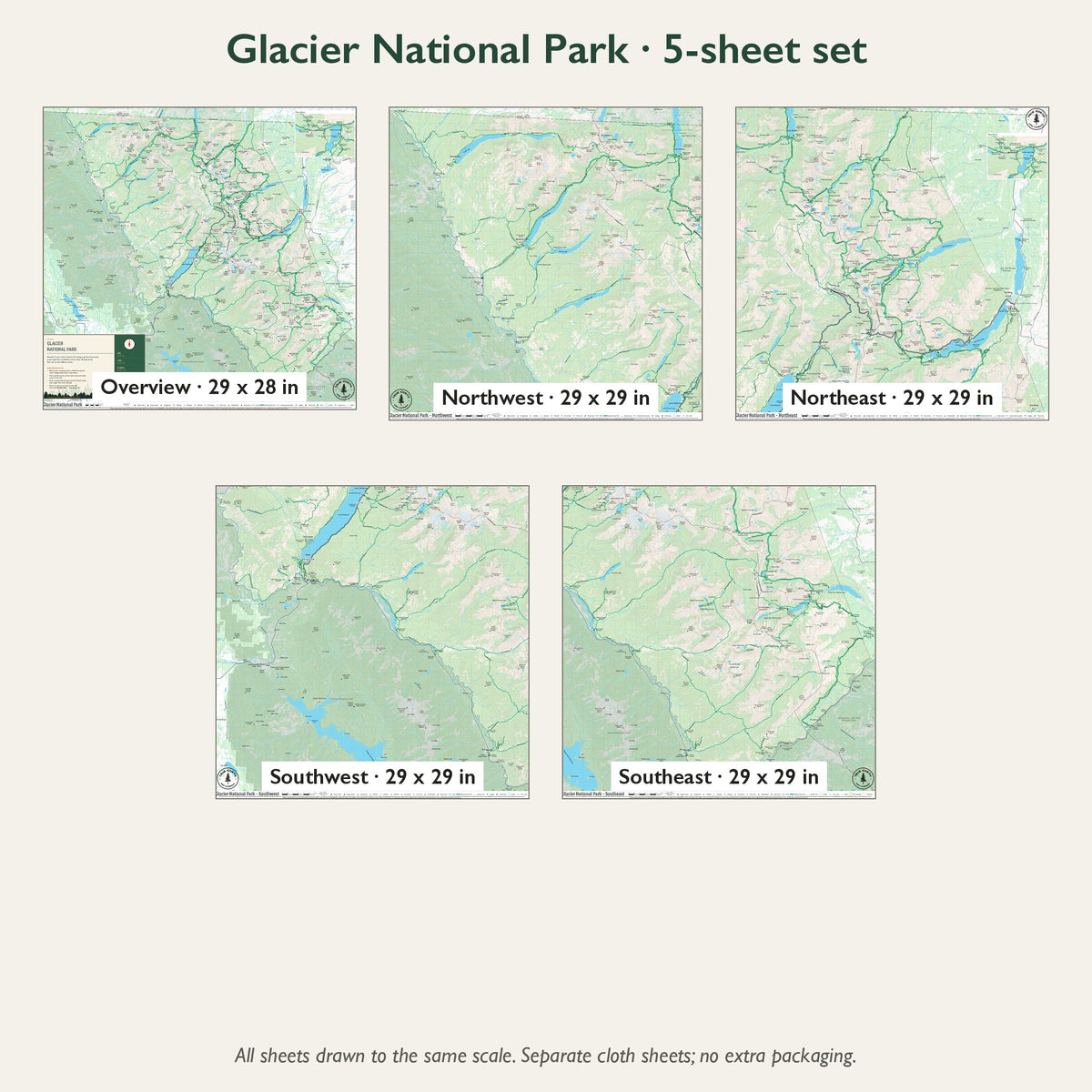 All 5 sheets of the Glacier National Park cloth map set, with sizes