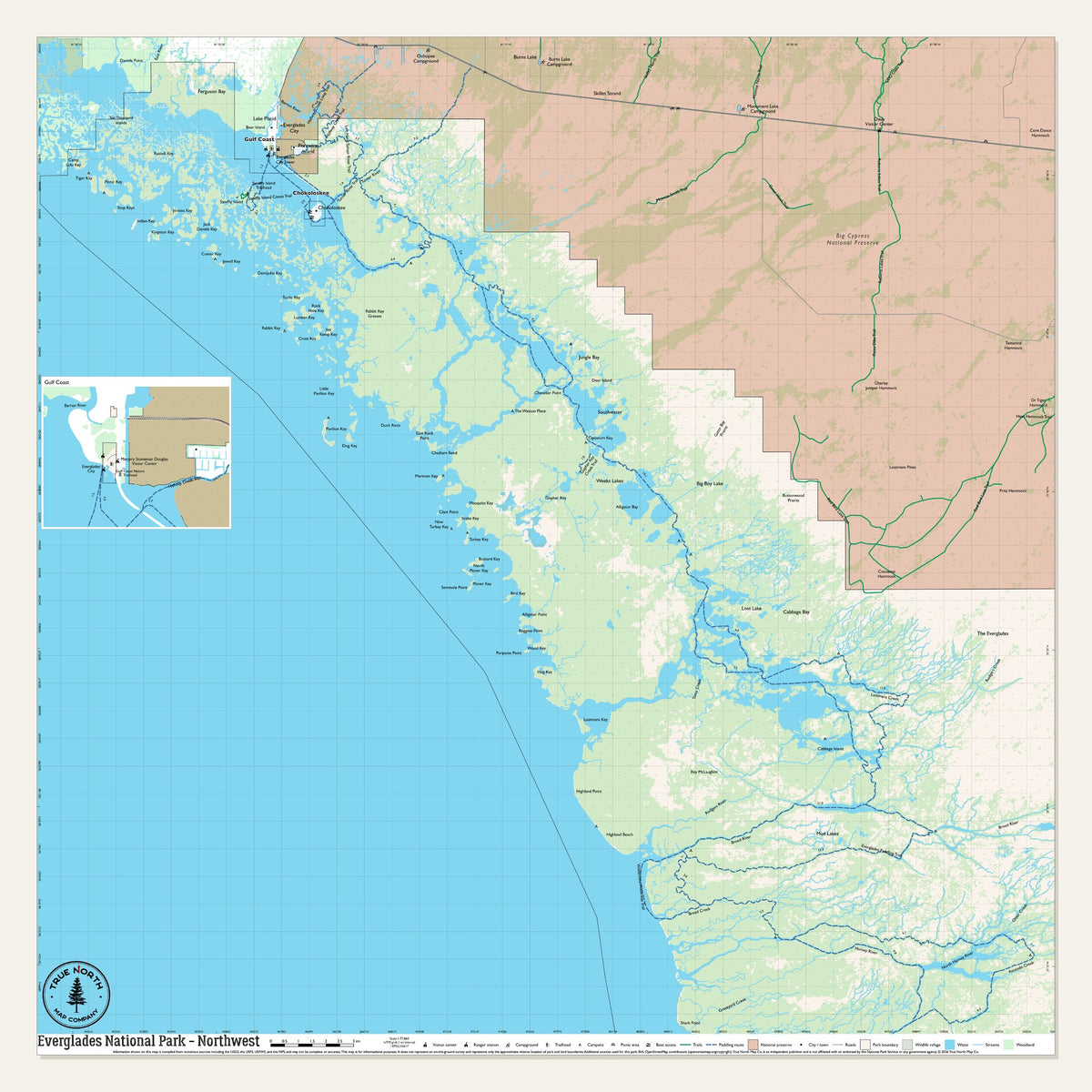 Everglades National Park cloth map, Northwest sheet, 30 x 30 in