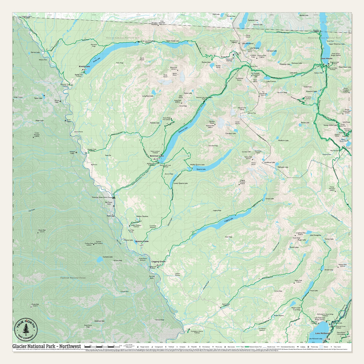 Glacier National Park cloth map, Northwest sheet, 29 x 29 in