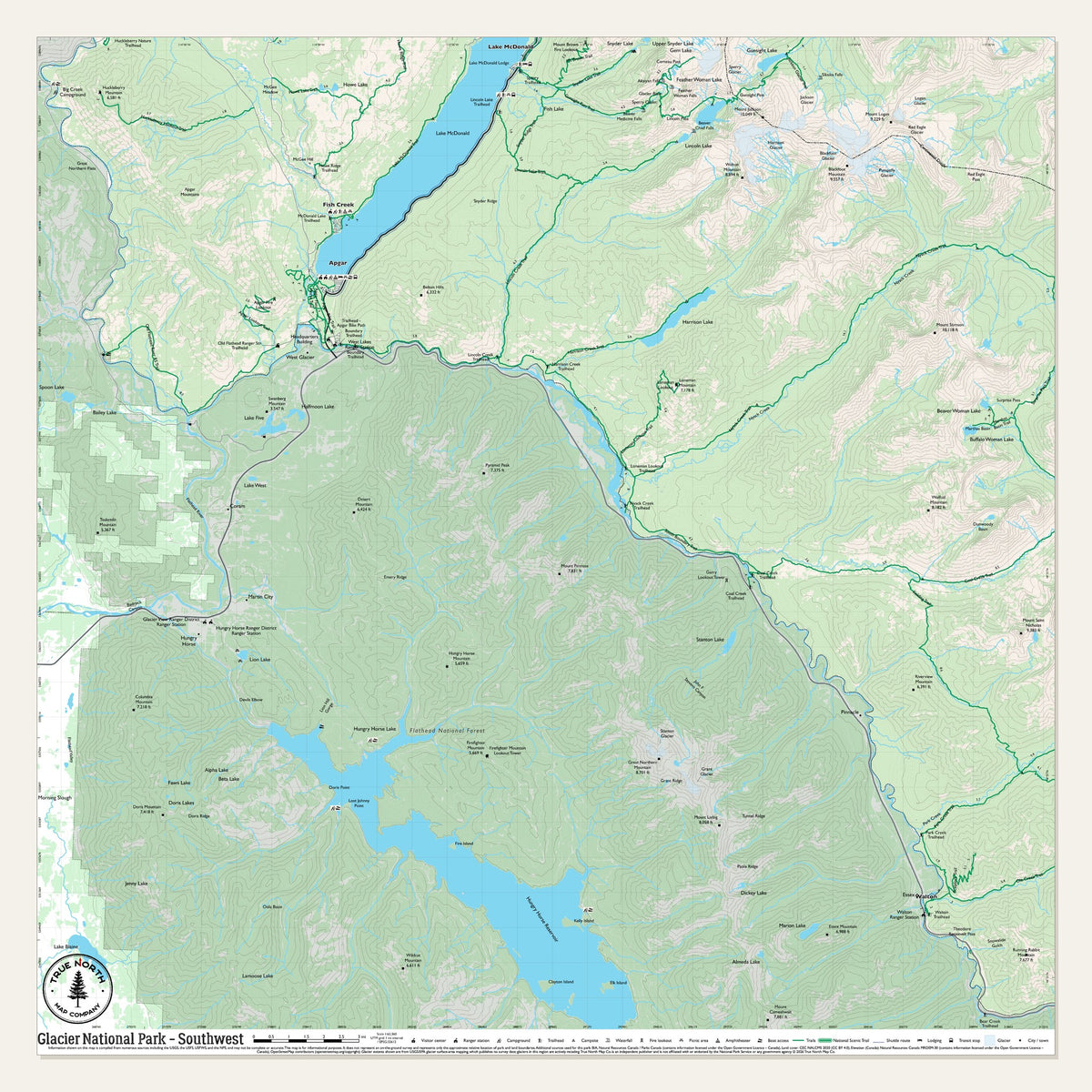 Glacier National Park cloth map, Southwest sheet, 29 x 29 in