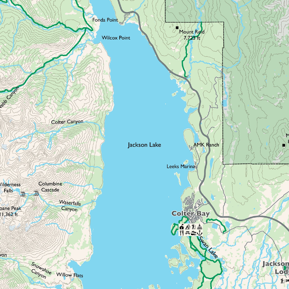 Detail of the Overview sheet at actual print size (about 6.8 x 6.8 in of cloth), around Jackson Lake