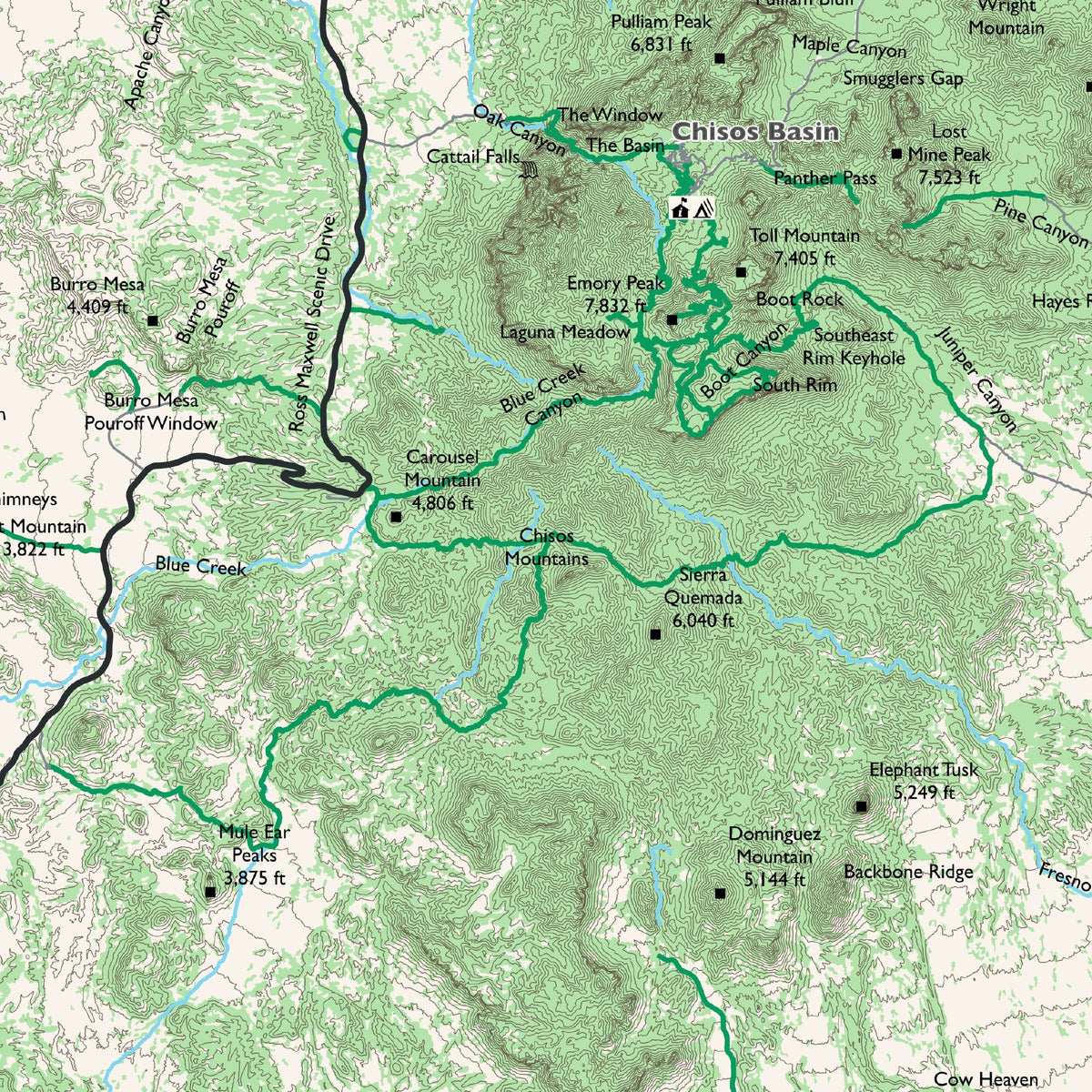 Detail of the Overview sheet at actual print size (about 6.8 x 6.8 in of cloth), around Chisos Mountains