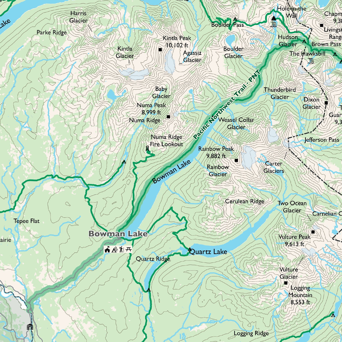 Detail of the Overview sheet at actual print size (about 6.8 x 6.8 in of cloth), around Bowman Lake