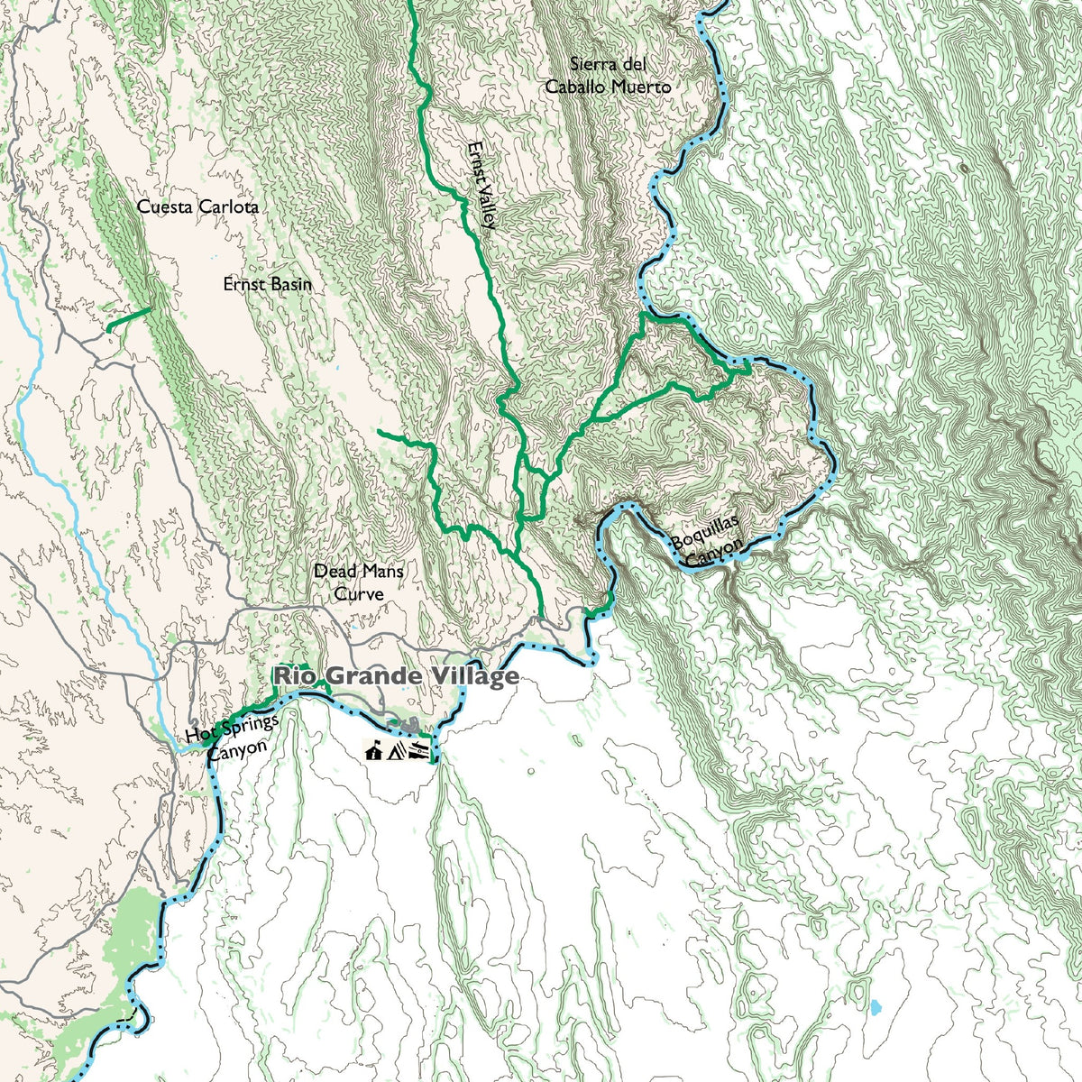 Detail of the Overview sheet at actual print size (about 6.8 x 6.8 in of cloth), around Boquillas Canyon