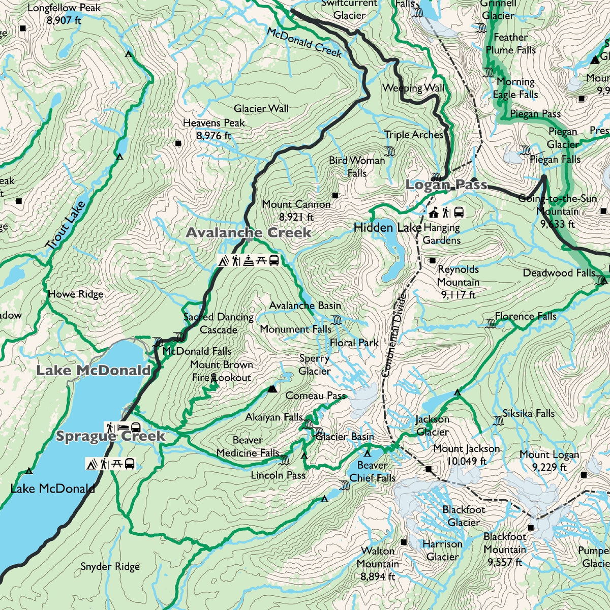 Detail of the Overview sheet at actual print size (about 6.8 x 6.8 in of cloth), around Avalanche Basin