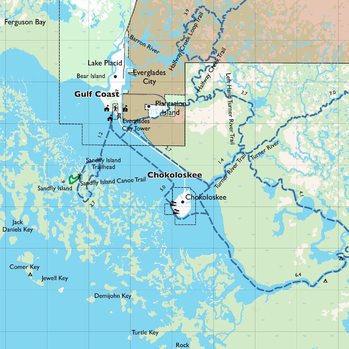 Detail of the Northwest sheet at actual print size (about 6.8 x 6.8 in of cloth), around Chokoloskee