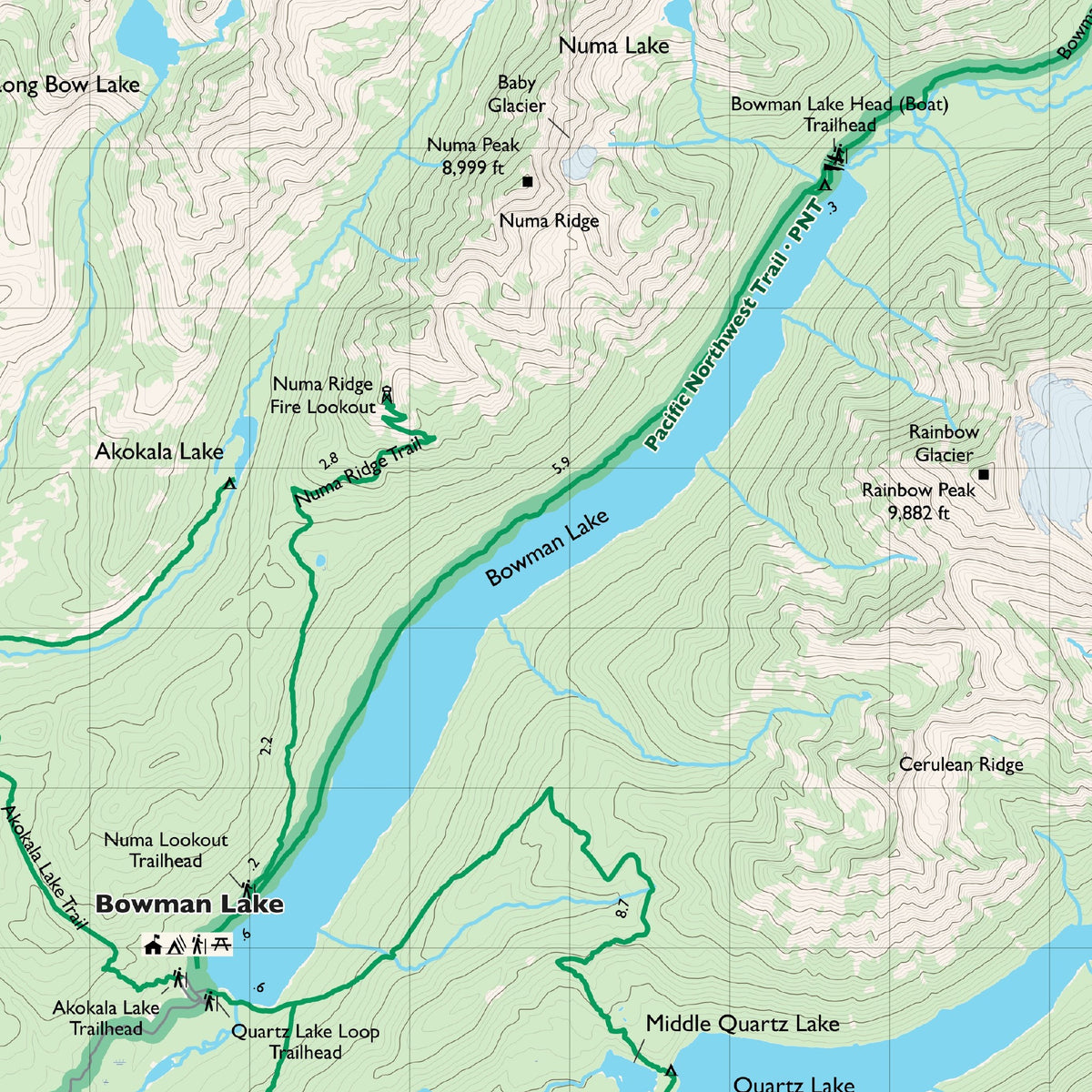 Detail of the Northwest sheet at actual print size (about 6.8 x 6.8 in of cloth), around Bowman Lake