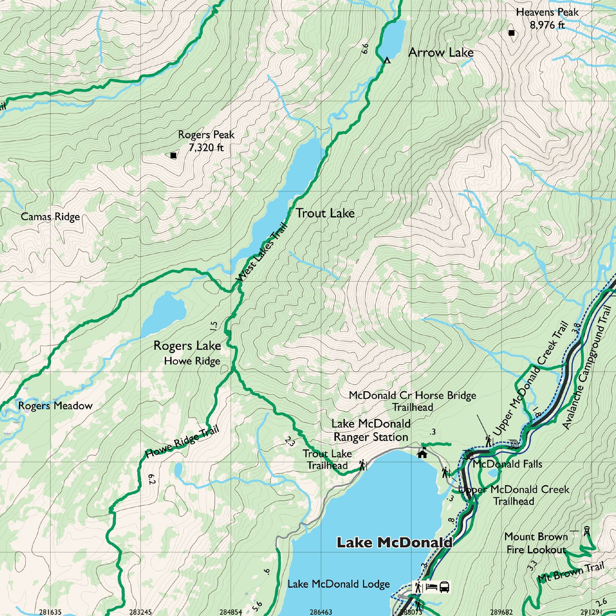Detail of the Northwest sheet at actual print size (about 6.8 x 6.8 in of cloth), around Lake McDonald