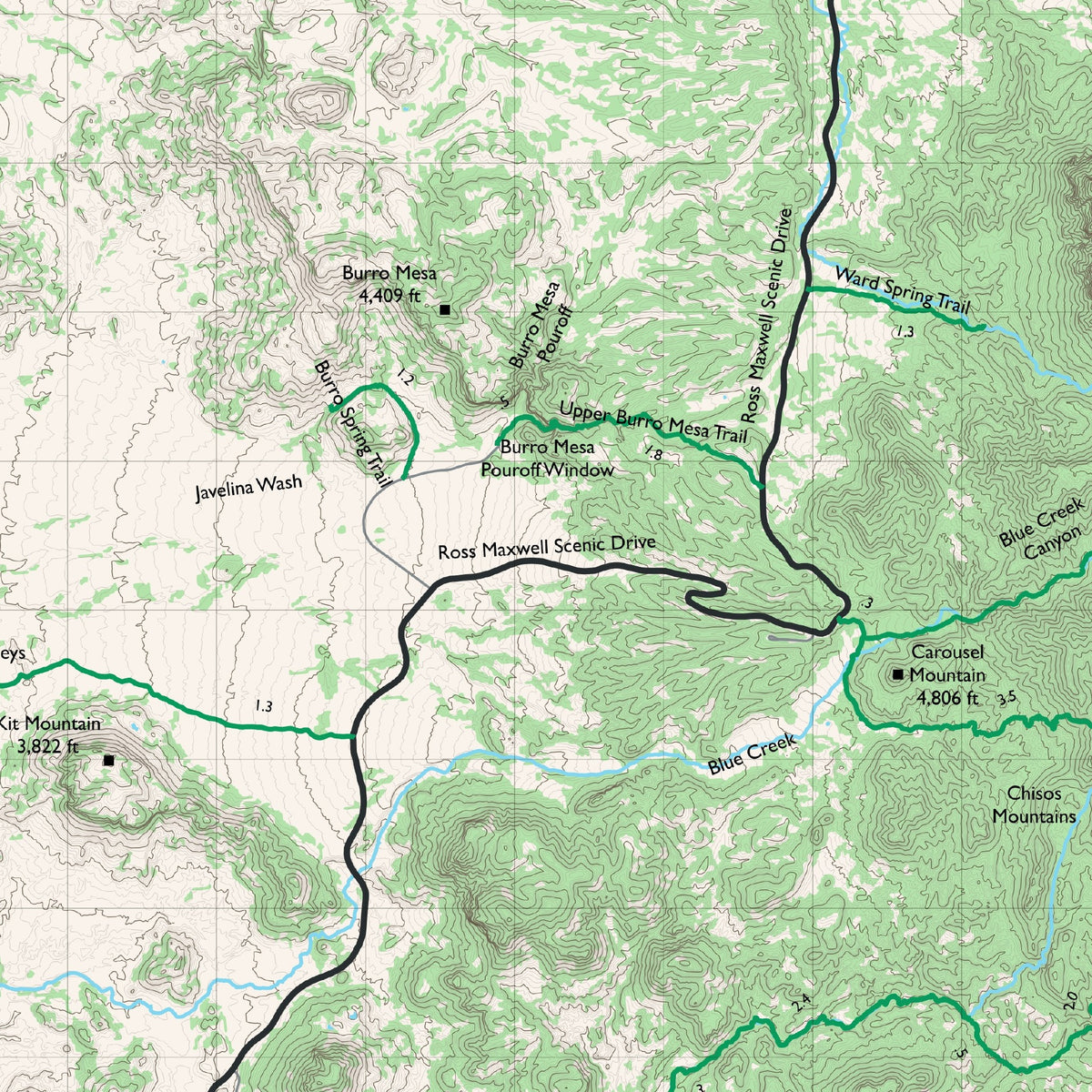Detail of the Southwest sheet at actual print size (about 6.8 x 6.8 in of cloth), around Ross Maxwell Scenic Drive