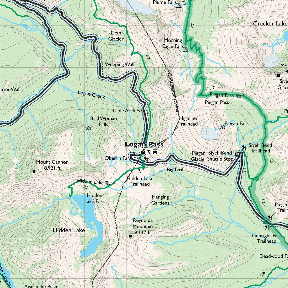 Detail of the Northeast sheet at actual print size (about 6.8 x 6.8 in of cloth), around Logan Pass