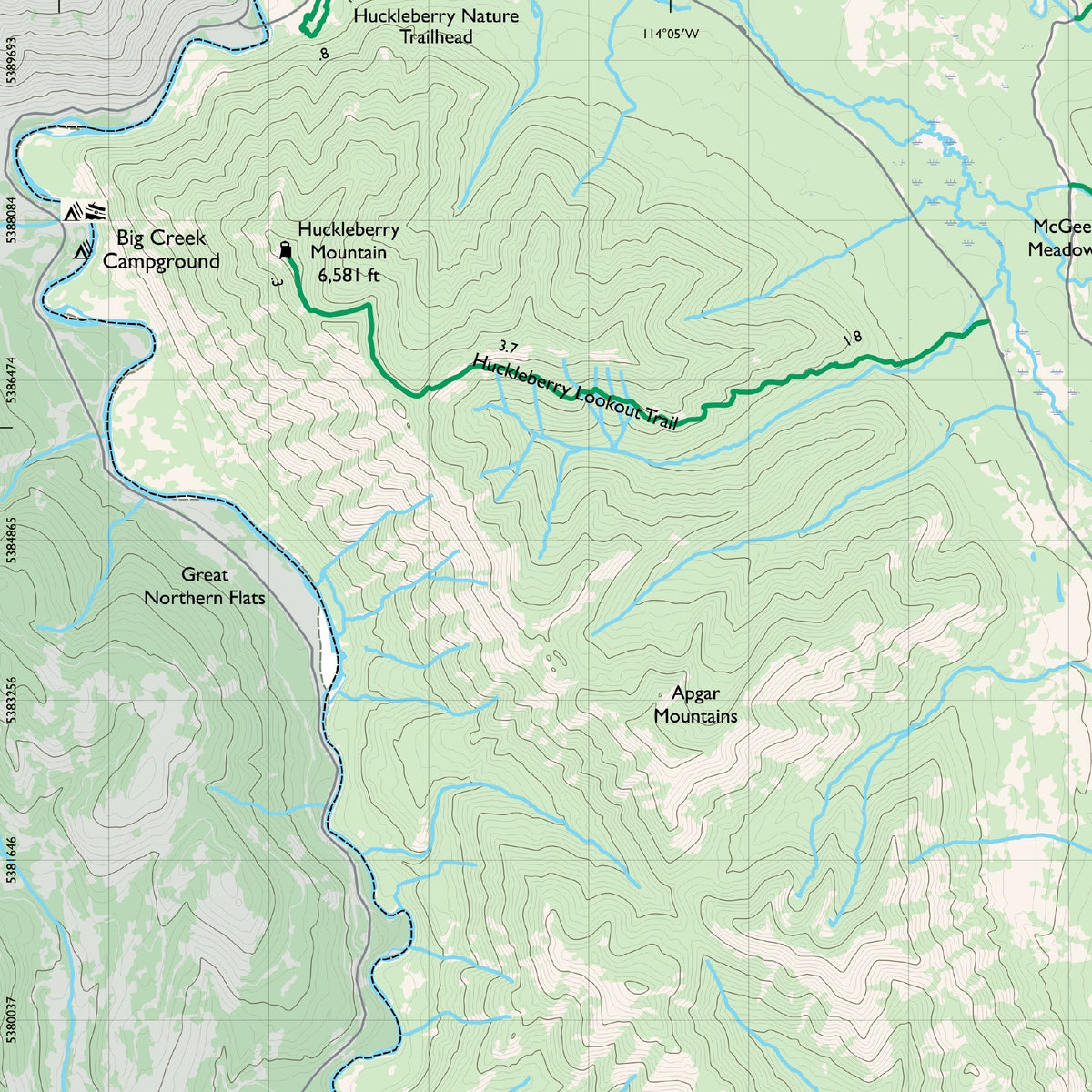 Detail of the Southwest sheet at actual print size (about 6.8 x 6.8 in of cloth), around Big Creek Campground
