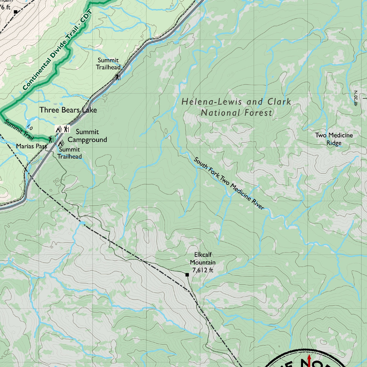 Detail of the Southeast sheet at actual print size (about 6.8 x 6.8 in of cloth), around South Fork Two Medicine River