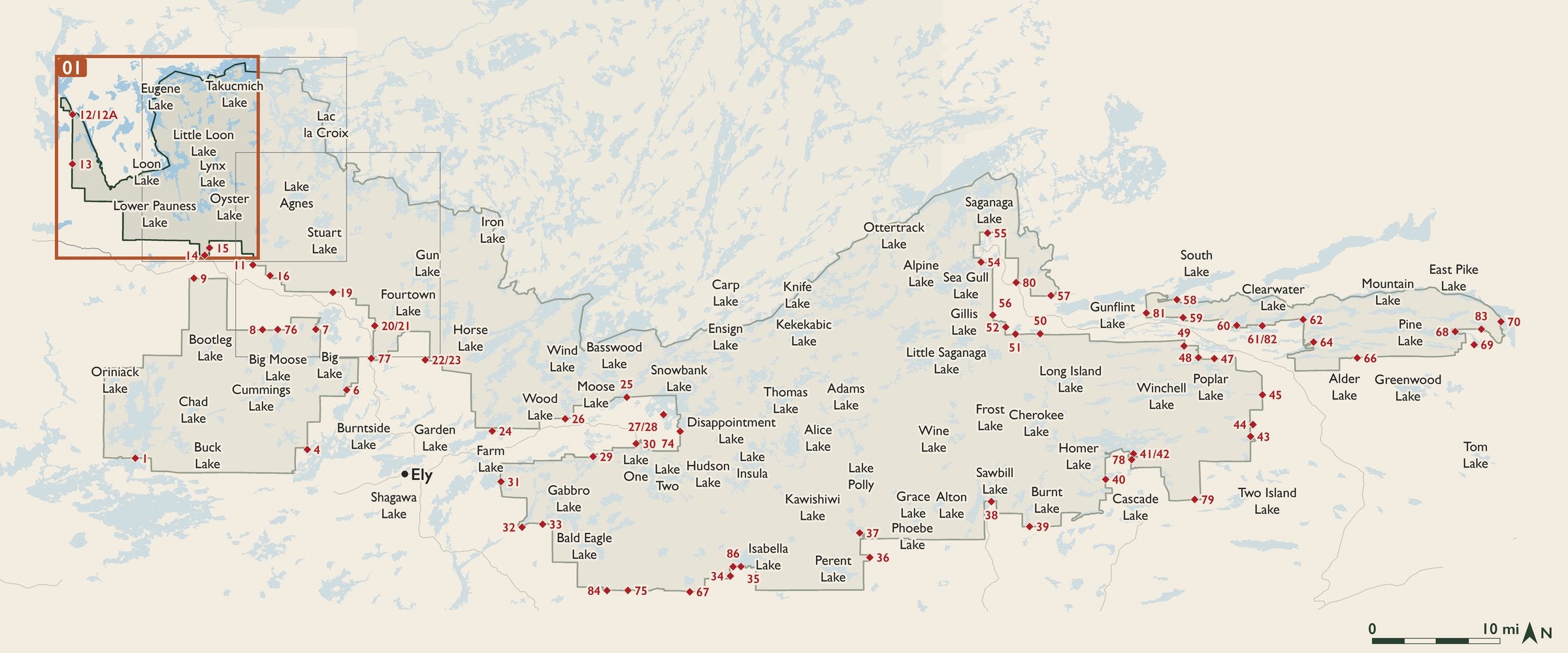 Index map of the Boundary Waters Canoe Area Wilderness with entry points, showing where each numbered cloth map sits.
