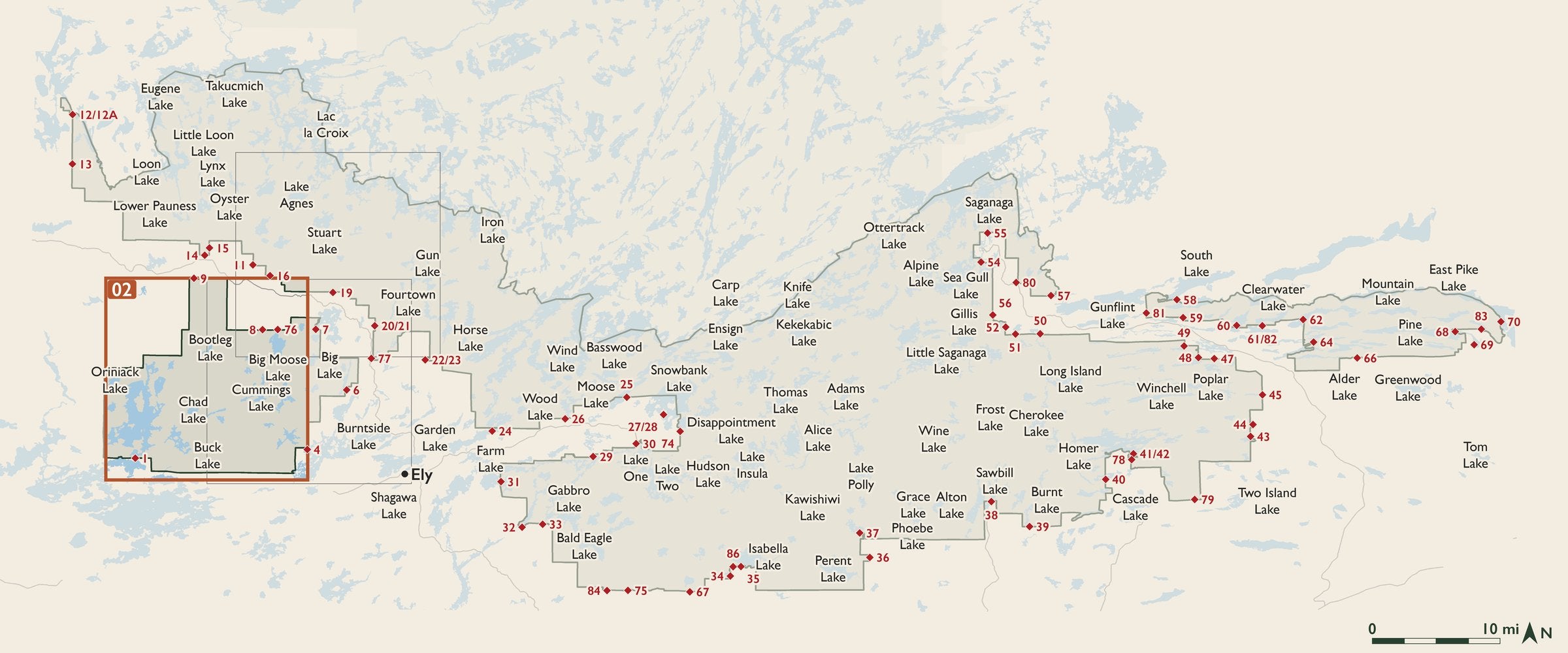 Index map of the Boundary Waters Canoe Area Wilderness with entry points, showing where each numbered cloth map sits.