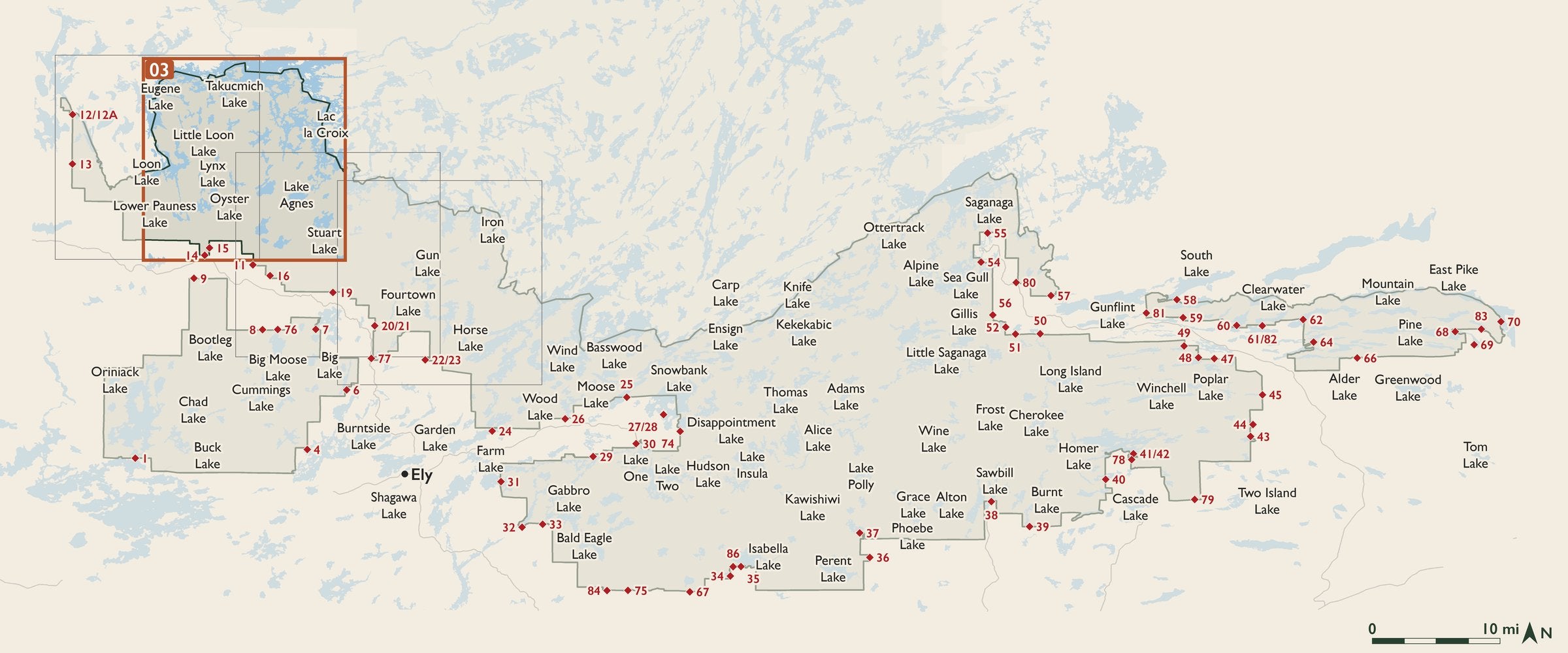 Index map of the Boundary Waters Canoe Area Wilderness with entry points, showing where each numbered cloth map sits.