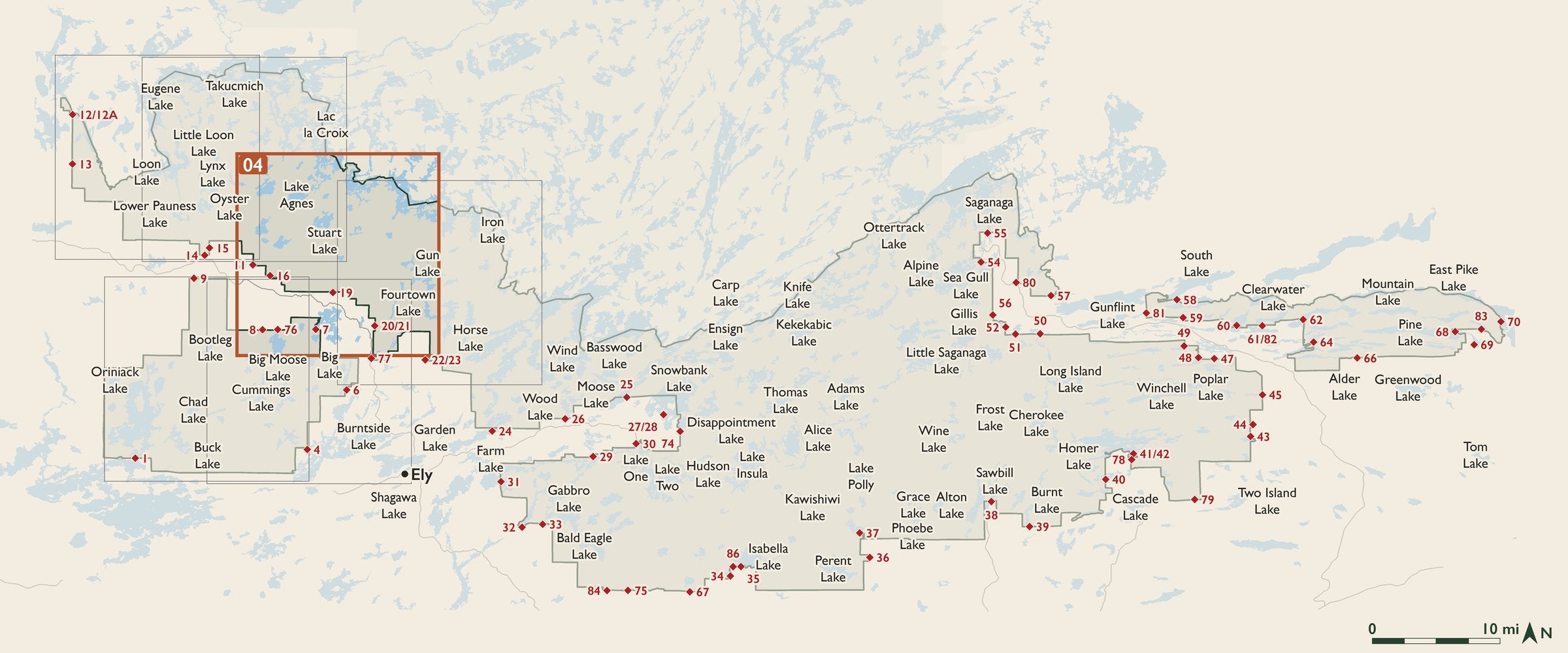 Index map of the Boundary Waters Canoe Area Wilderness with entry points, showing where each numbered cloth map sits.