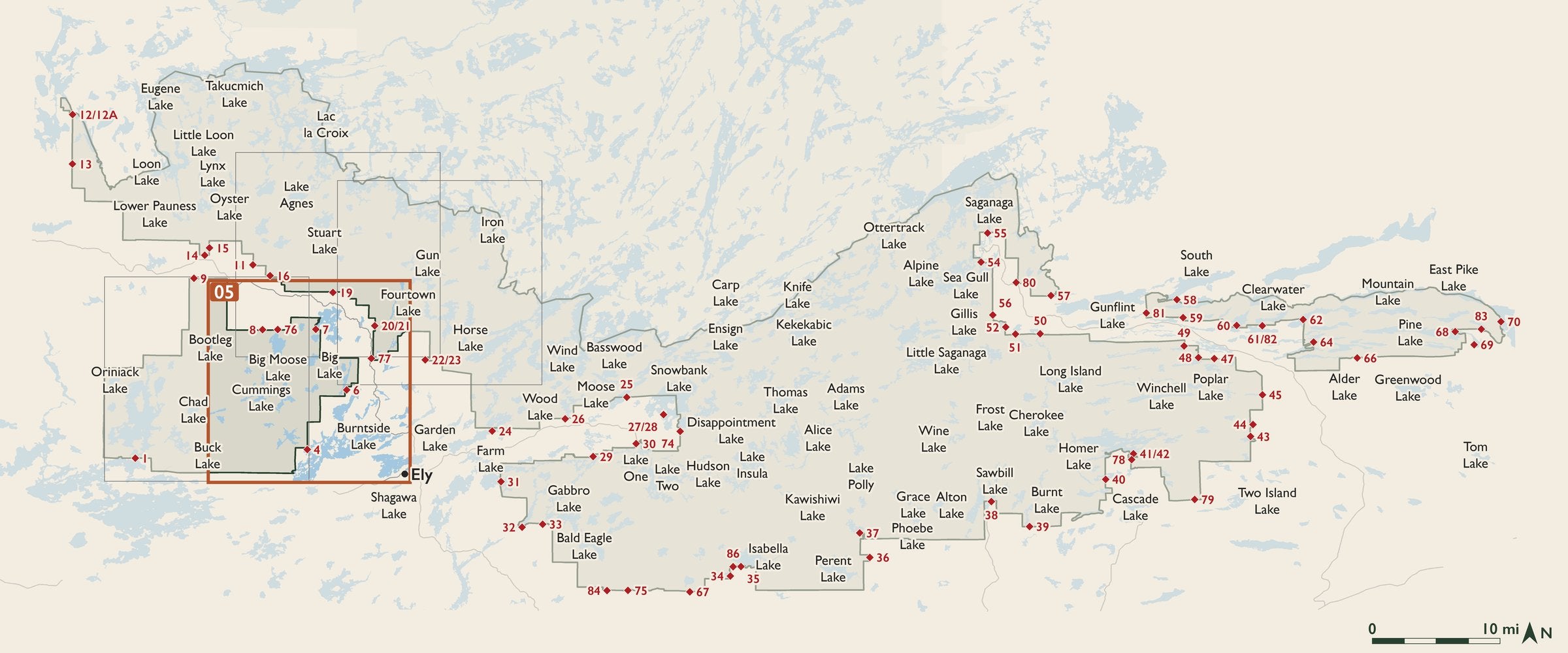 Index map of the Boundary Waters Canoe Area Wilderness with entry points, showing where each numbered cloth map sits.