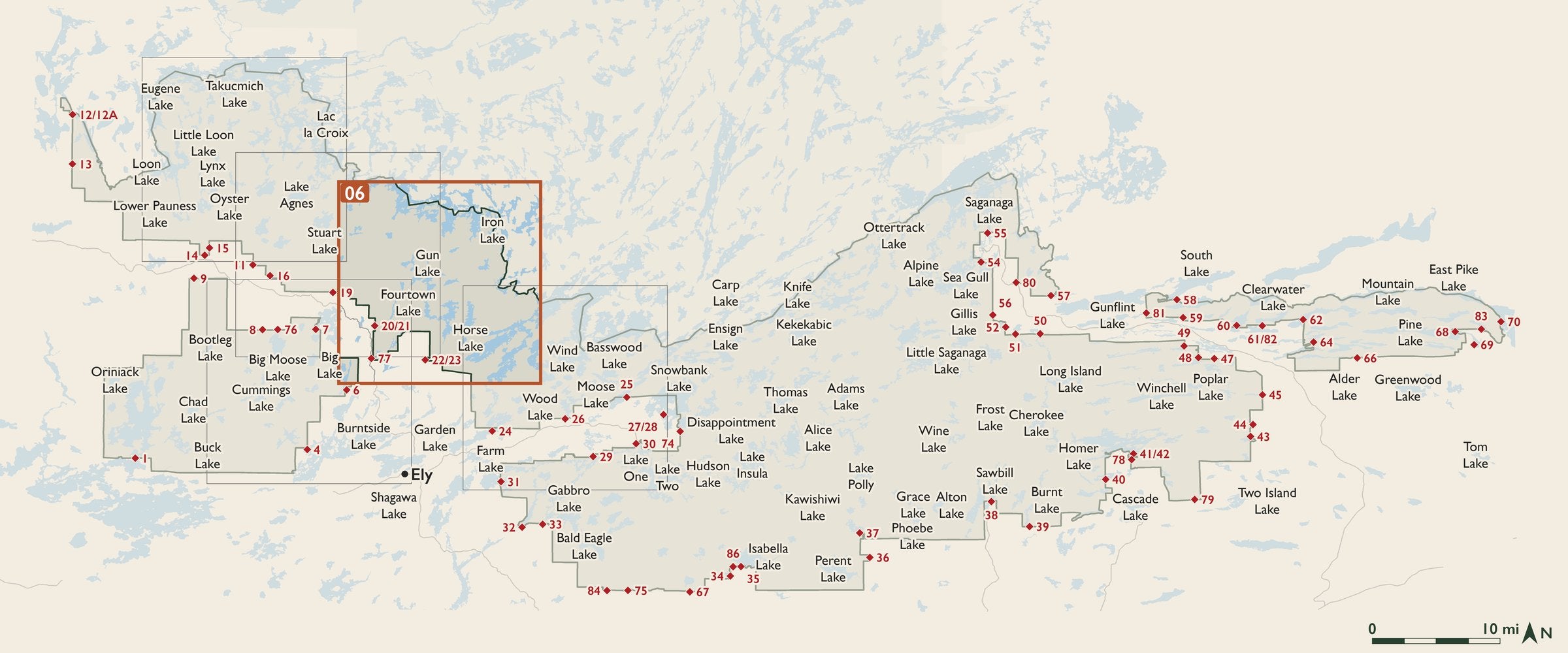 Index map of the Boundary Waters Canoe Area Wilderness with entry points, showing where each numbered cloth map sits.