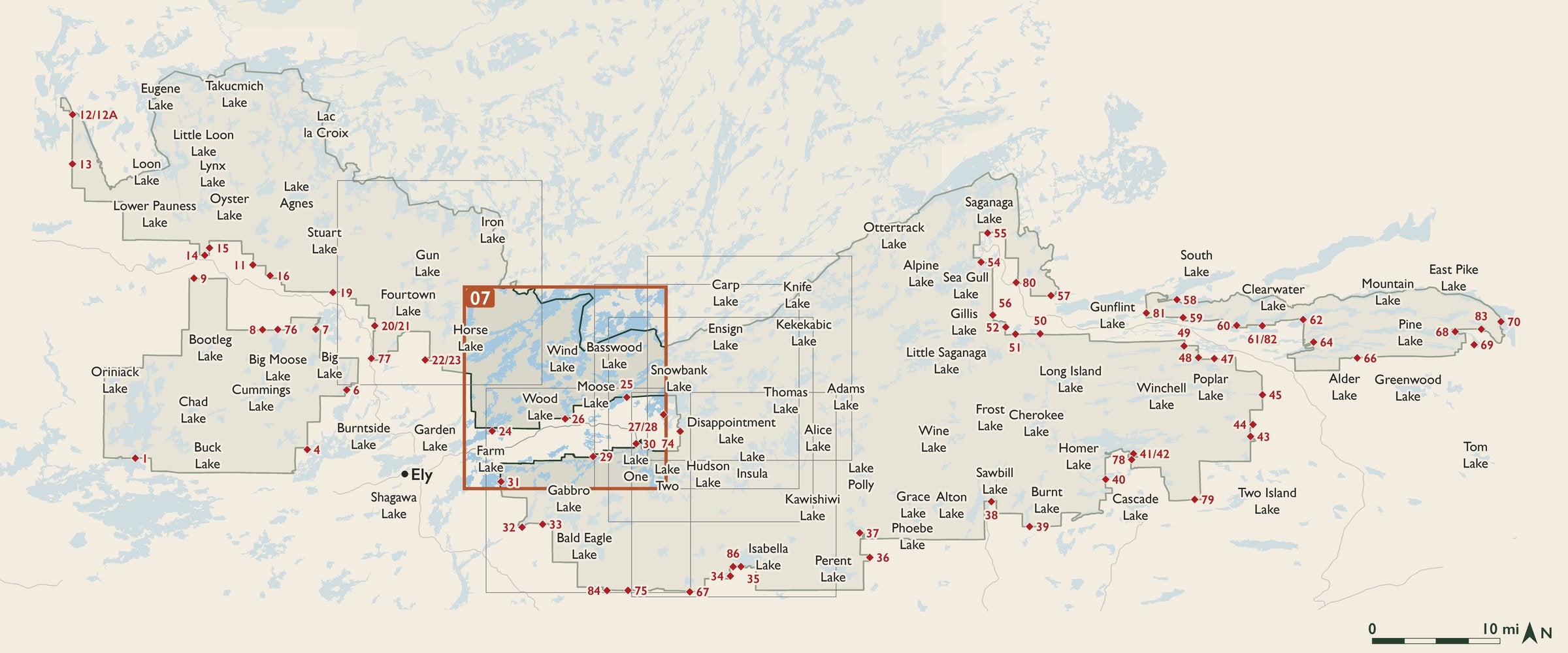 Index map of the Boundary Waters Canoe Area Wilderness with entry points, showing where each numbered cloth map sits.