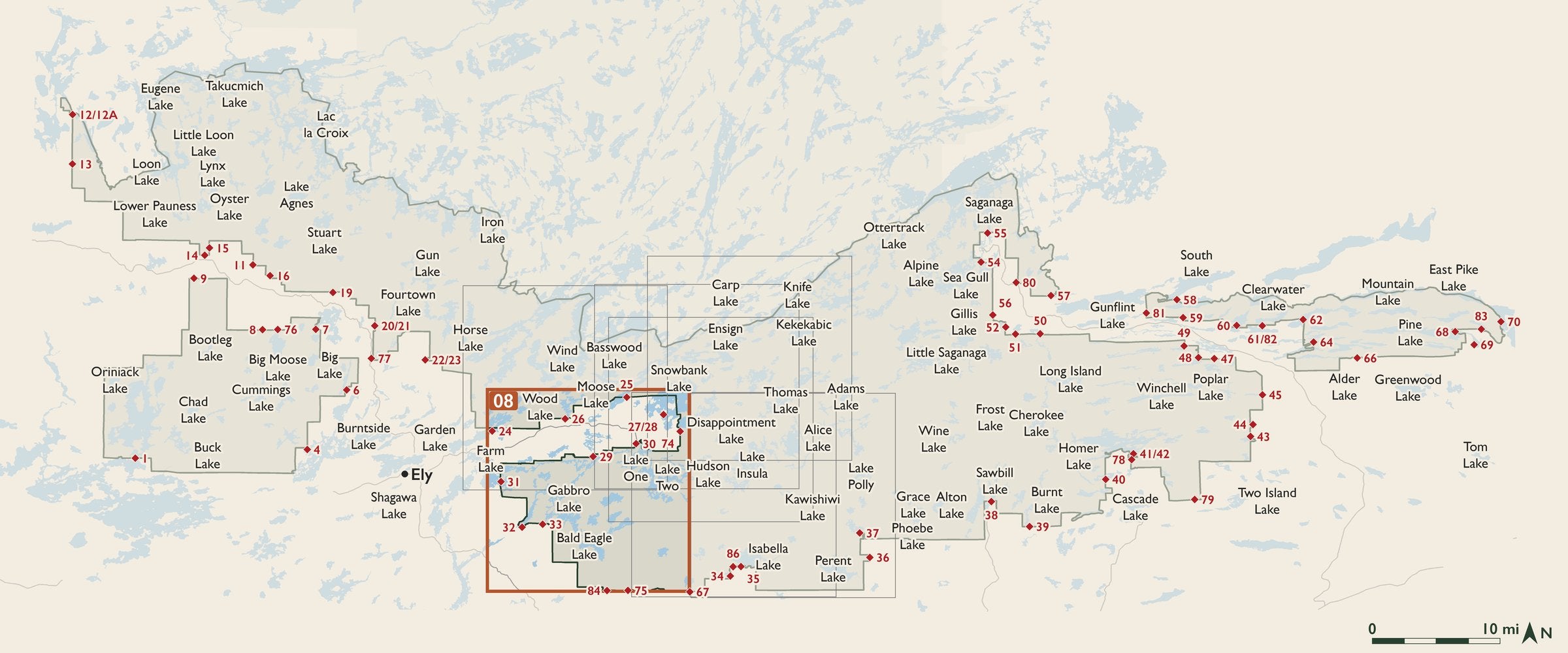 Index map of the Boundary Waters Canoe Area Wilderness with entry points, showing where each numbered cloth map sits.
