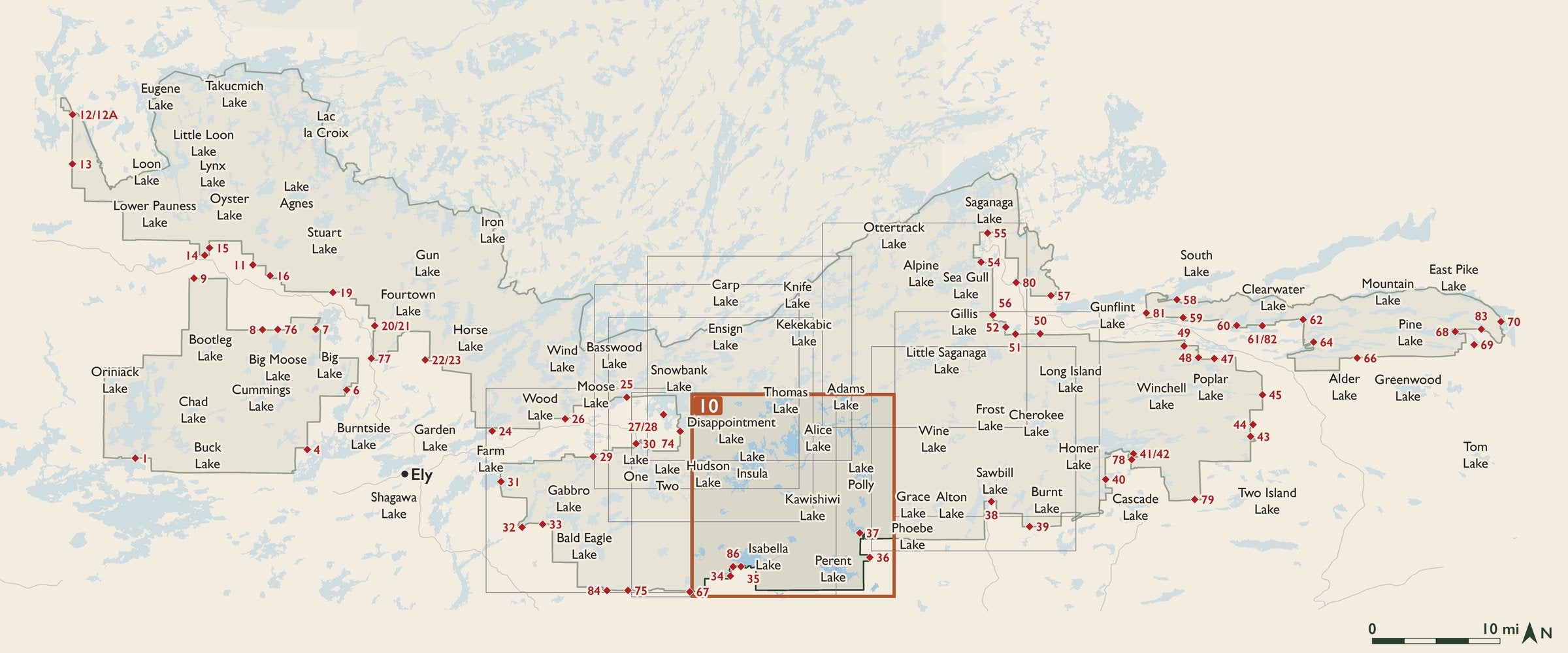 Index map of the Boundary Waters Canoe Area Wilderness with entry points, showing where each numbered cloth map sits.