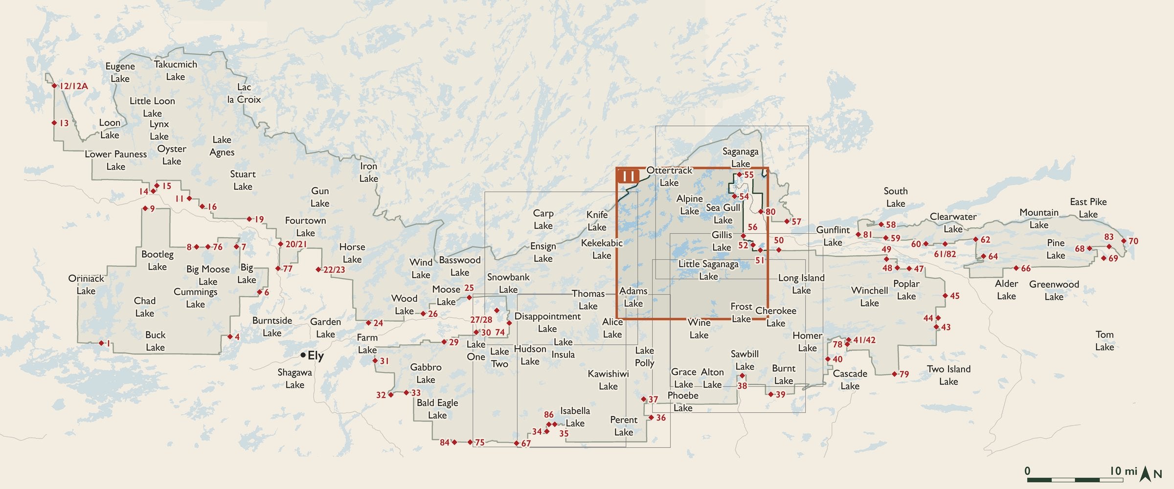 Index map of the Boundary Waters Canoe Area Wilderness with entry points, showing where each numbered cloth map sits.