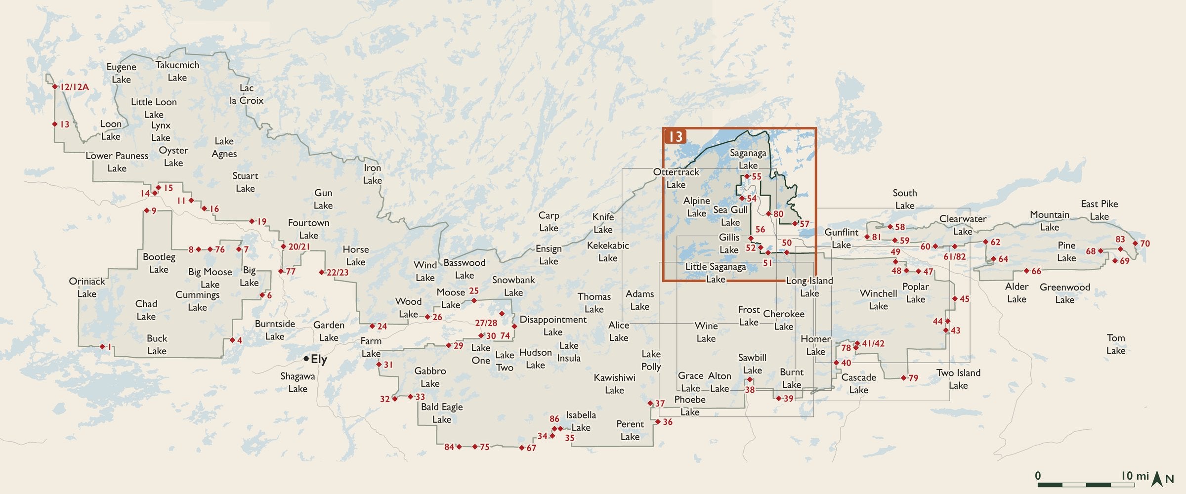 Index map of the Boundary Waters Canoe Area Wilderness with entry points, showing where each numbered cloth map sits.