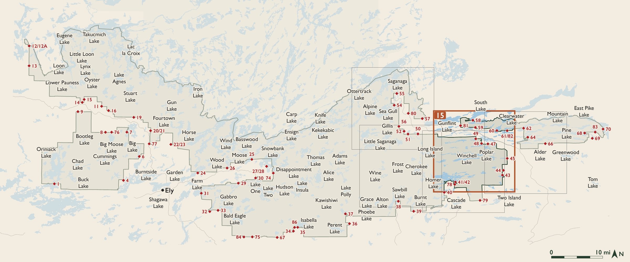 Index map of the Boundary Waters Canoe Area Wilderness with entry points, showing where each numbered cloth map sits.