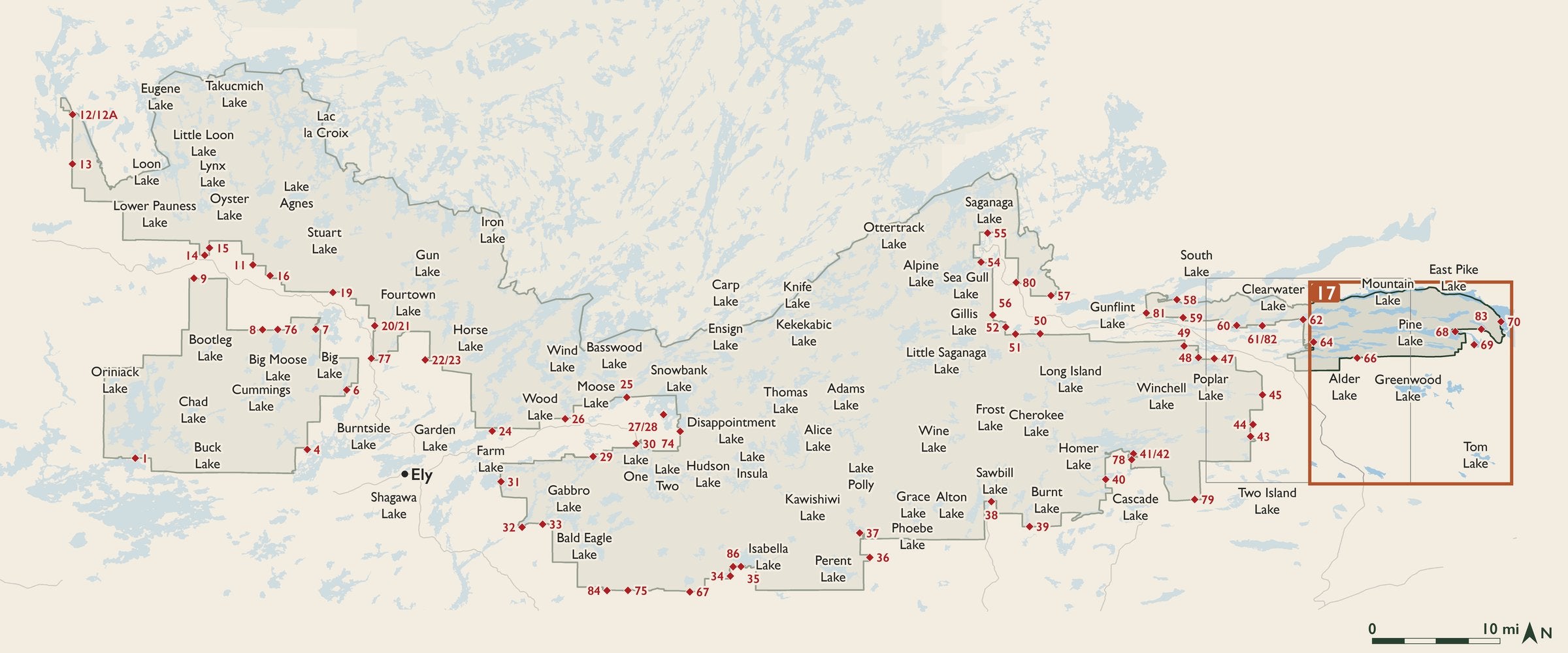 Index map of the Boundary Waters Canoe Area Wilderness with entry points, showing where each numbered cloth map sits.