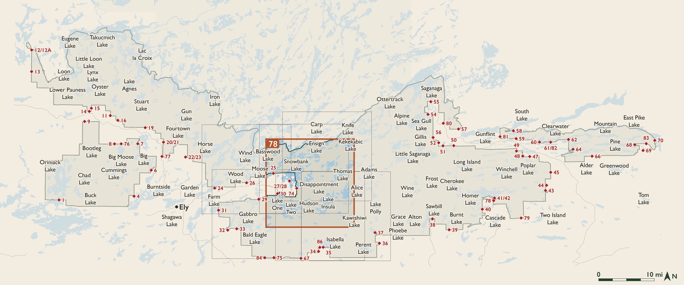 Index map of the Boundary Waters Canoe Area Wilderness with entry points, showing where each numbered cloth map sits.