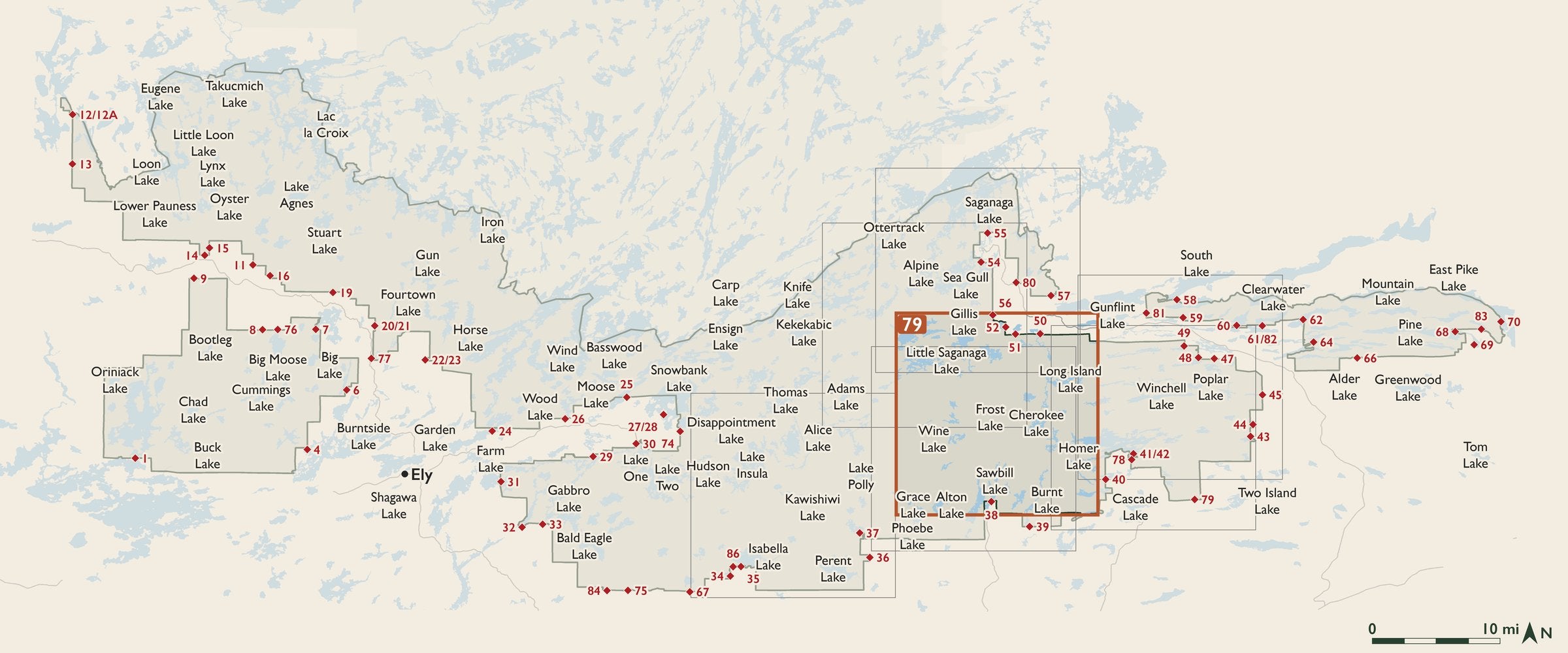 Index map of the Boundary Waters Canoe Area Wilderness with entry points, showing where each numbered cloth map sits.