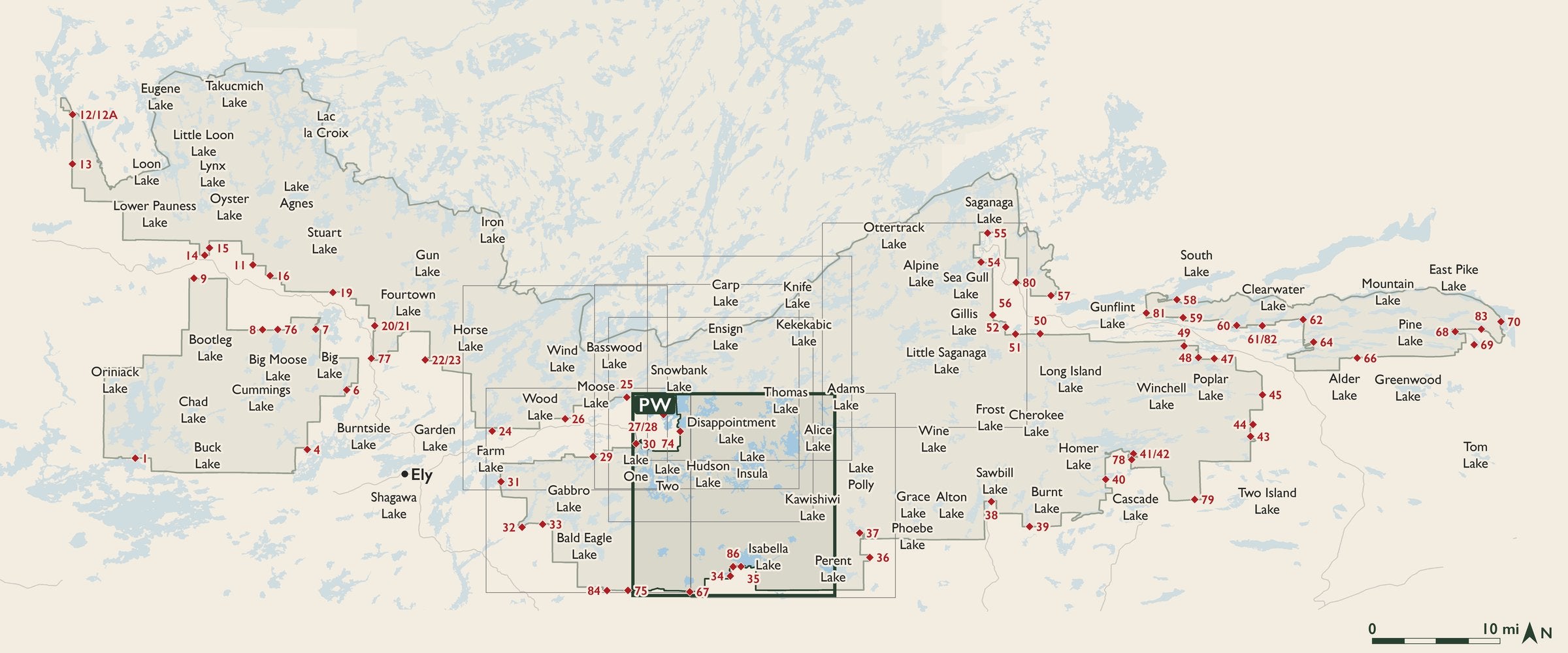 Index map of the Boundary Waters Canoe Area Wilderness with entry points, showing where each numbered cloth map sits.
