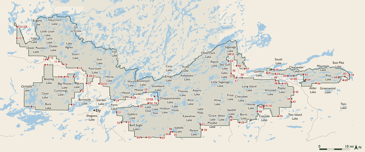 Index map of the Boundary Waters Canoe Area Wilderness with entry points, showing where each numbered cloth map sits.