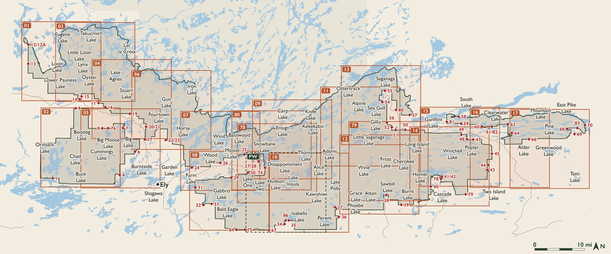 Index map of the Boundary Waters Canoe Area Wilderness with entry points, showing where each numbered cloth map sits.