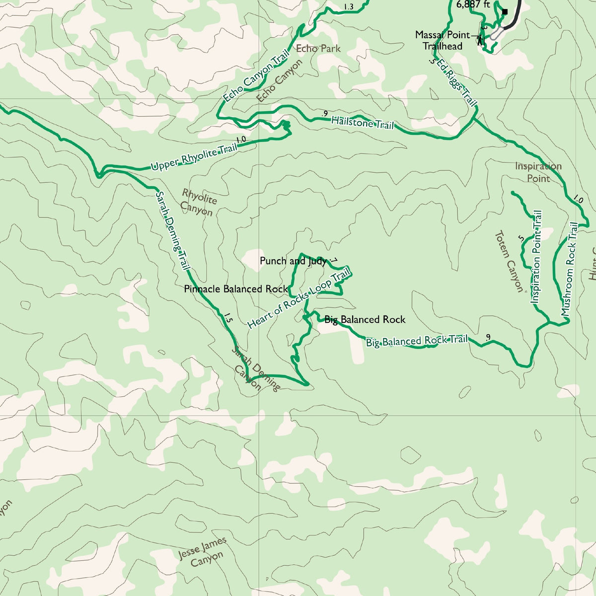 Detail of the Overview sheet at actual print size (about 6.8 x 6.8 in of cloth), around Heart of Rocks Loop Trail
