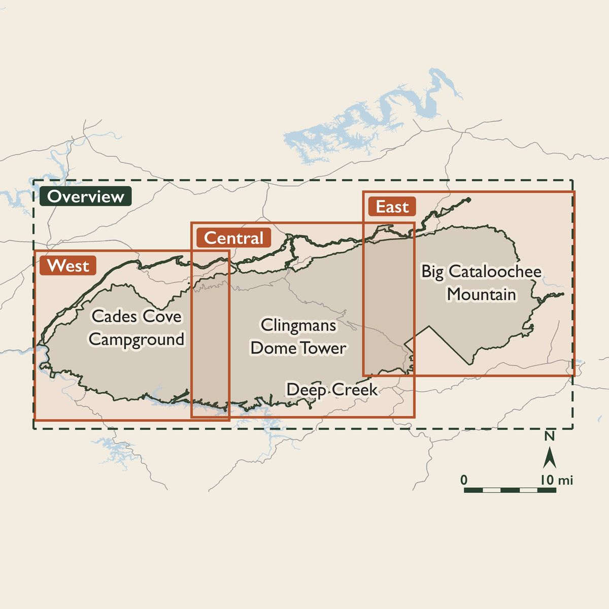 Great Smoky Mountains coverage key: the Overview covers the whole park; the West sheet covers Cades Cove and Abrams Falls; the Central sheet covers Clingmans Dome and Gatlinburg; the East sheet covers Cosby, Mount Sterling and Big Creek.