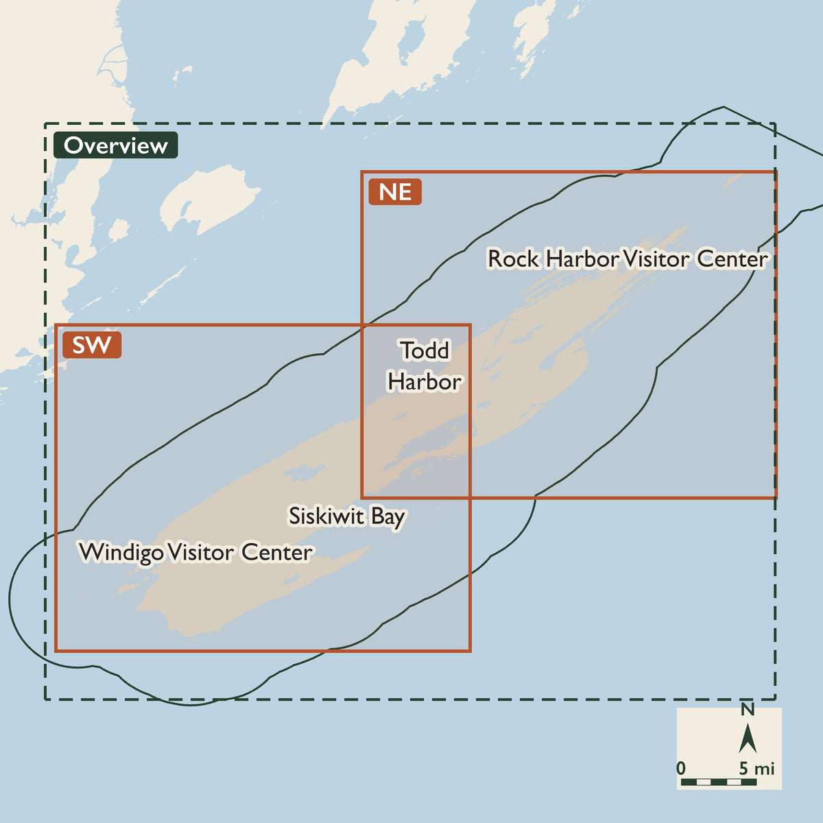 Isle Royale coverage key: the Overview covers the whole island; the NE sheet covers Rock Harbor, Moskey Basin and McCargoe Cove; the SW sheet covers Windigo, Huginnin Cove and Siskiwit Lake; the two overlap across the middle of the island.