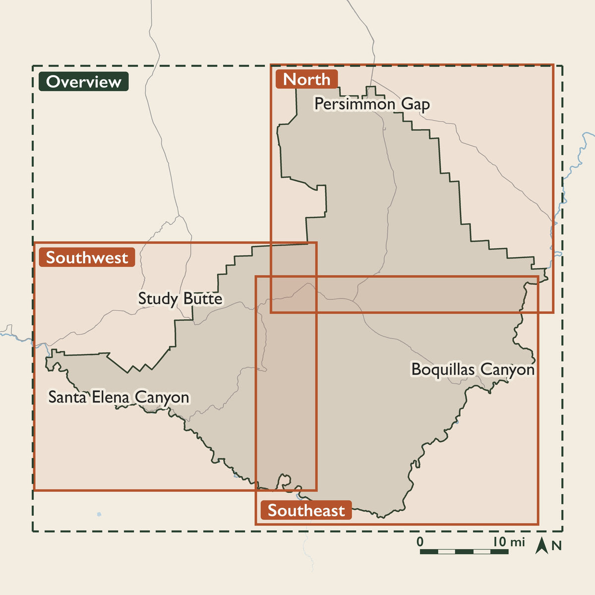 Big Bend coverage key: the Overview covers the whole park; the North sheet covers Persimmon Gap south to Panther Junction; the Southwest sheet covers Santa Elena Canyon and the west side to the Chisos Mountains; the Southeast sheet covers the Chisos Mountains east to Rio Grande Village and Boquillas.
