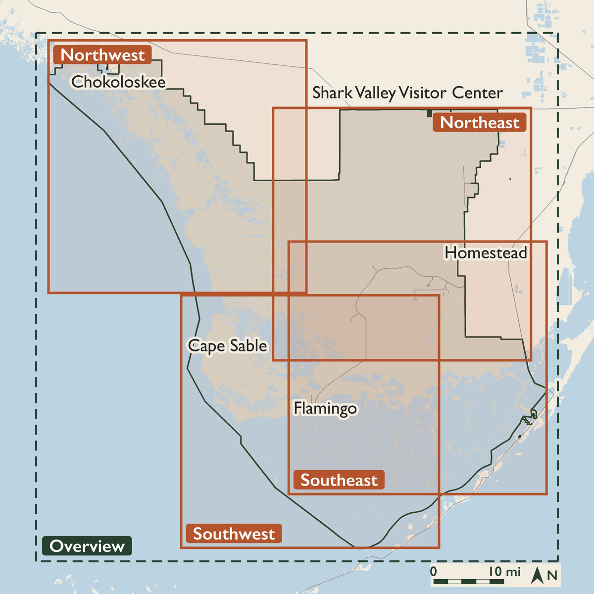 Everglades coverage key: the Overview covers the whole park; the Northwest sheet covers Everglades City, Chokoloskee and the Ten Thousand Islands; the Northeast sheet covers Shark Valley, the Main Park Road and Homestead; the Southwest sheet covers Shark River and Cape Sable; the Southeast sheet covers Long Pine Key south to Florida Bay.