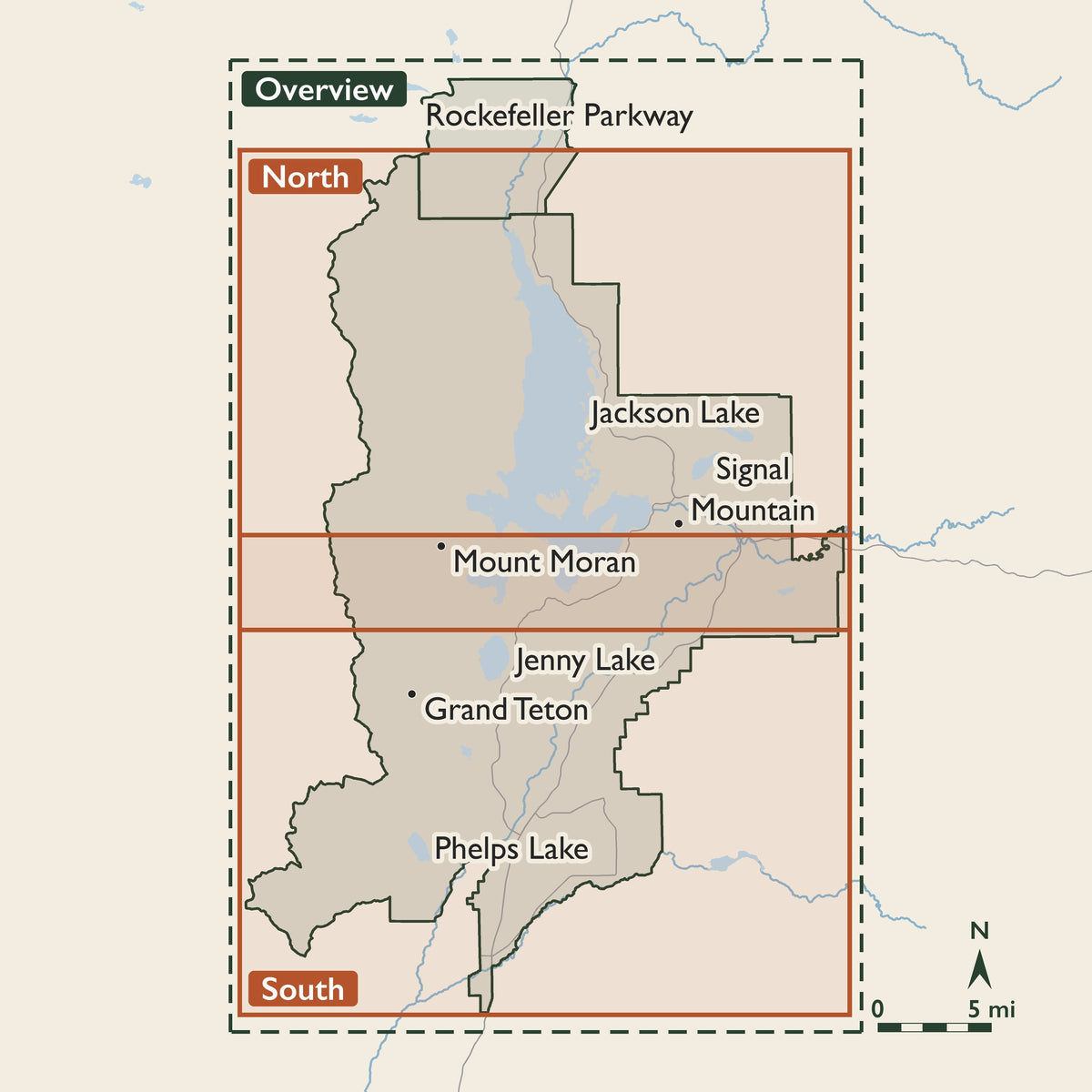 Grand Teton coverage key: the Overview covers the whole park and the John D. Rockefeller Jr. Memorial Parkway to its north; the North sheet covers Jackson Lake and Mount Moran; the South sheet covers the Teton Range and Jenny Lake, and the two overlap across the south end of Jackson Lake.