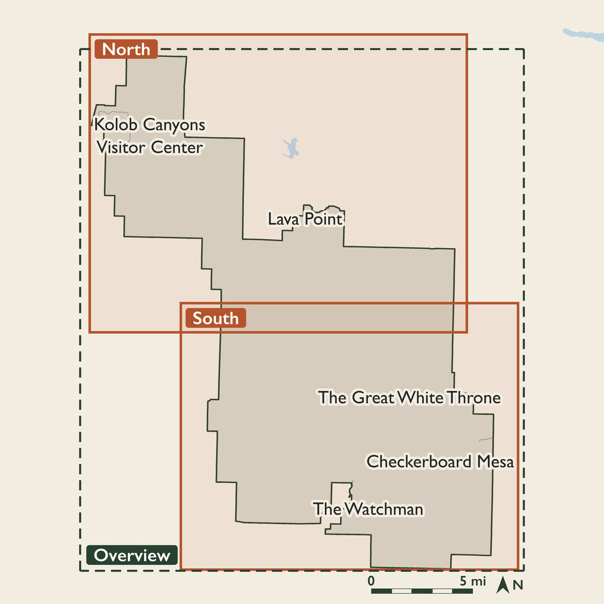 Zion coverage key: the Overview covers the whole park; the North sheet covers Kolob Canyons and Lava Point; the South sheet covers Zion Canyon, Angels Landing and Checkerboard Mesa; the two overlap across the middle of the park.